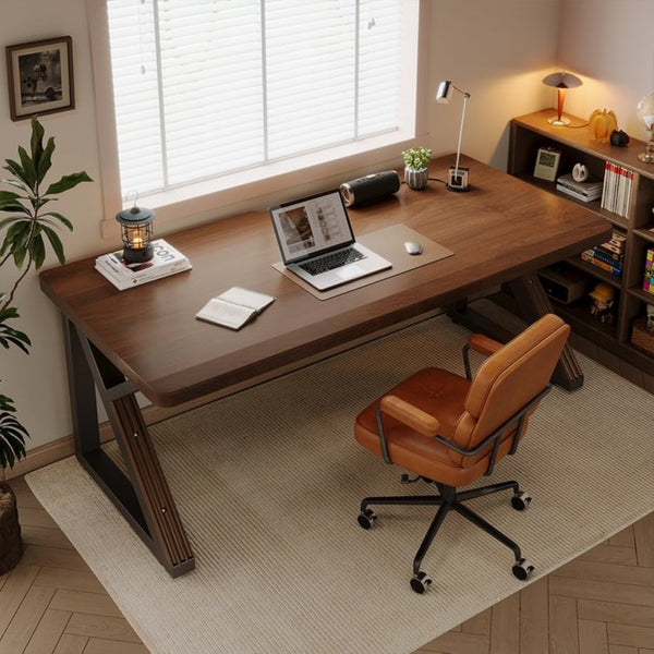 English Elm Solid Walnut Wood 63 Inch Dual Workstation Desk with Industrial Matte Black Frame W5368S00002
