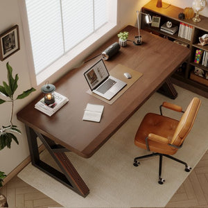 English Elm Solid Walnut Wood 63 Inch Dual Workstation Desk with Industrial Matte Black Frame W5368S00002
