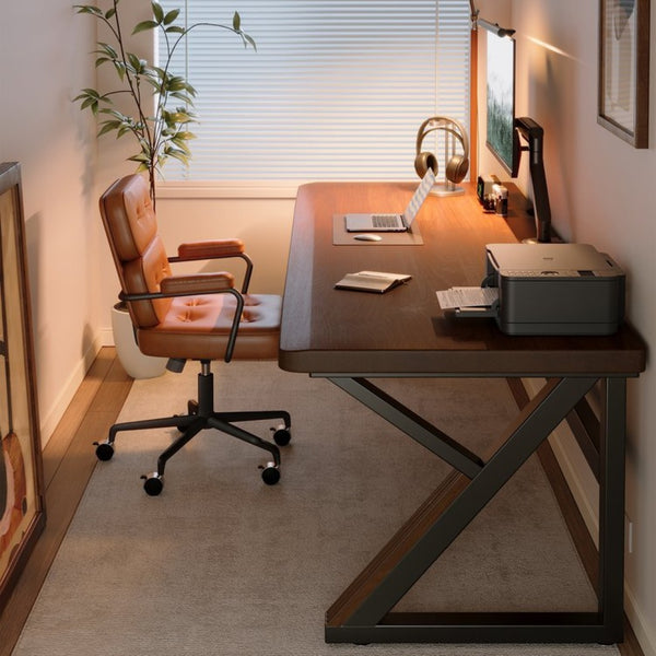 English Elm Solid Walnut Wood 63 Inch Dual Workstation Desk with Industrial Matte Black Frame W5368S00002