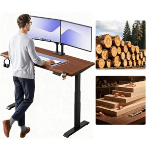 English Elm Solid Rubberwood Sit Stand Desk with Quiet Motor Steel Legs and Walnut Finish W5368S00004