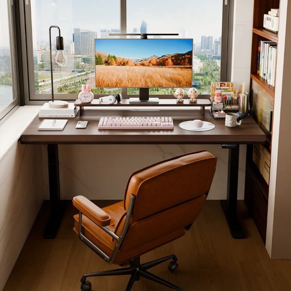 English Elm Solid Rubberwood Sit Stand Desk with Quiet Motor Steel Legs and Walnut Finish W5368S00004
