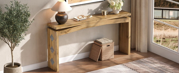 English Elm Wooden Brazilian Walnut Console Table with Wavy Apron for Entryway Hallway Sofa Back Walnut Brown W5379P501667