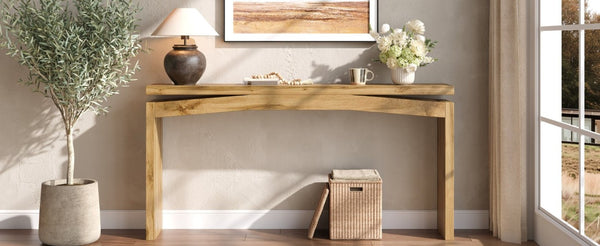 English Elm Wooden Brazilian Walnut Console Table with Wavy Apron for Entryway Hallway Sofa Back Walnut Brown W5379P501667