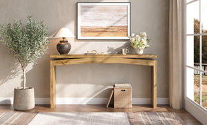 English Elm Wooden Brazilian Walnut Console Table with Wavy Apron for Entryway Hallway Sofa Back Walnut Brown W5379P501667