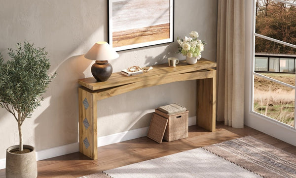 English Elm Wooden Brazilian Walnut Console Table with Wavy Apron for Entryway Hallway Sofa Back Walnut Brown W5379P501667
