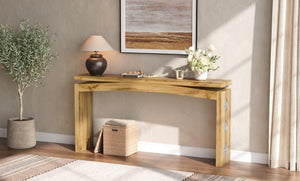 English Elm Wooden Brazilian Walnut Console Table with Wavy Apron for Entryway Hallway Sofa Back Walnut Brown W5379P501667