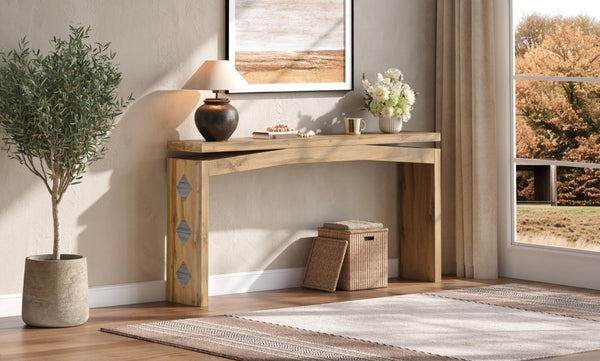 English Elm Wooden Brazilian Walnut Console Table with Wavy Apron for Entryway Hallway Sofa Back Walnut Brown W5379P501667