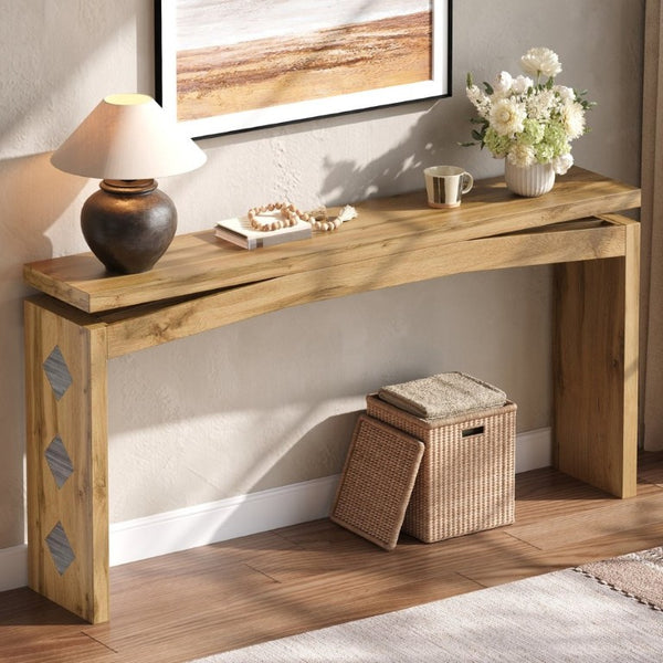 English Elm Wooden Brazilian Walnut Console Table with Wavy Apron for Entryway Hallway Sofa Back Walnut Brown W5379P501667