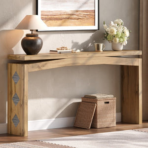 English Elm Wooden Brazilian Walnut Console Table with Wavy Apron for Entryway Hallway Sofa Back Walnut Brown W5379P501667