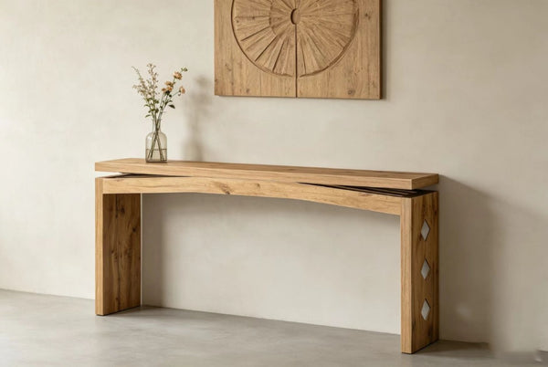 English Elm Wooden Brazilian Walnut Console Table with Wavy Apron for Entryway Hallway Sofa Back Walnut Brown W5379P501667