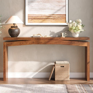 English Elm Wooden Brazilian Walnut Console Table with Wavy Apron for Entryway Hallway Sofa Back Natural Wood+Brown W5379P501734