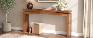 English Elm Wooden Brazilian Walnut Console Table with Wavy Apron for Entryway Hallway Sofa Back Natural Wood+Brown W5379P501734