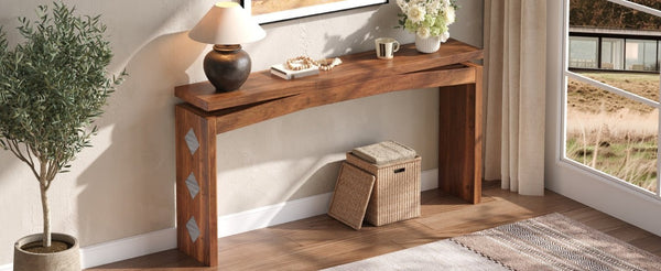 English Elm Wooden Brazilian Walnut Console Table with Wavy Apron for Entryway Hallway Sofa Back Natural Wood+Brown W5379P501734