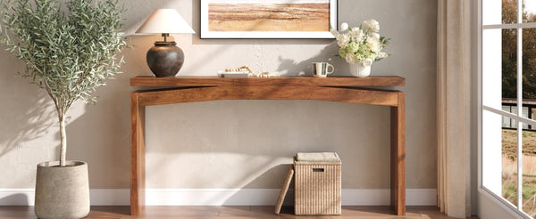 English Elm Wooden Brazilian Walnut Console Table with Wavy Apron for Entryway Hallway Sofa Back Natural Wood+Brown W5379P501734