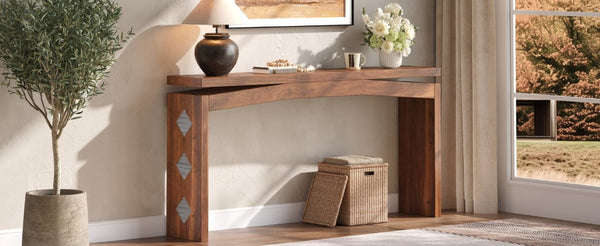 English Elm Wooden Brazilian Walnut Console Table with Wavy Apron for Entryway Hallway Sofa Back Natural Wood+Brown W5379P501734