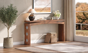English Elm Wooden Brazilian Walnut Console Table with Wavy Apron for Entryway Hallway Sofa Back Natural Wood+Brown W5379P501734