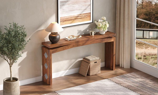 English Elm Wooden Brazilian Walnut Console Table with Wavy Apron for Entryway Hallway Sofa Back Natural Wood+Brown W5379P501734