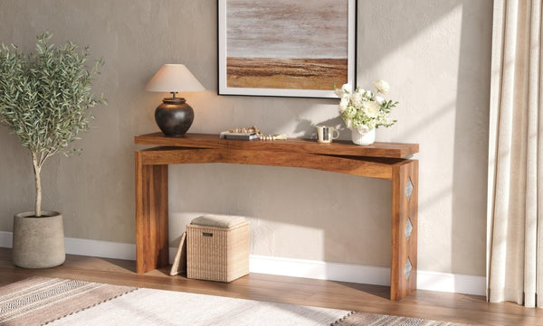 English Elm Wooden Brazilian Walnut Console Table with Wavy Apron for Entryway Hallway Sofa Back Natural Wood+Brown W5379P501734