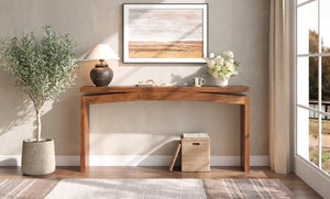English Elm Wooden Brazilian Walnut Console Table with Wavy Apron for Entryway Hallway Sofa Back Natural Wood+Brown W5379P501734