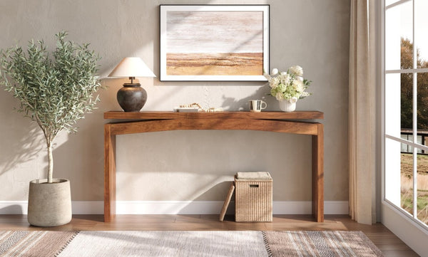English Elm Wooden Brazilian Walnut Console Table with Wavy Apron for Entryway Hallway Sofa Back Natural Wood+Brown W5379P501734