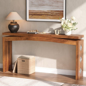 English Elm Wooden Brazilian Walnut Console Table with Wavy Apron for Entryway Hallway Sofa Back Natural Wood+Brown W5379P501734