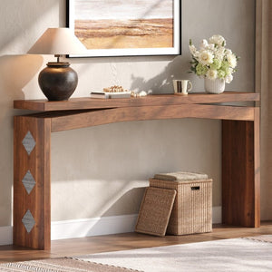 English Elm Wooden Brazilian Walnut Console Table with Wavy Apron for Entryway Hallway Sofa Back Natural Wood+Brown W5379P501734