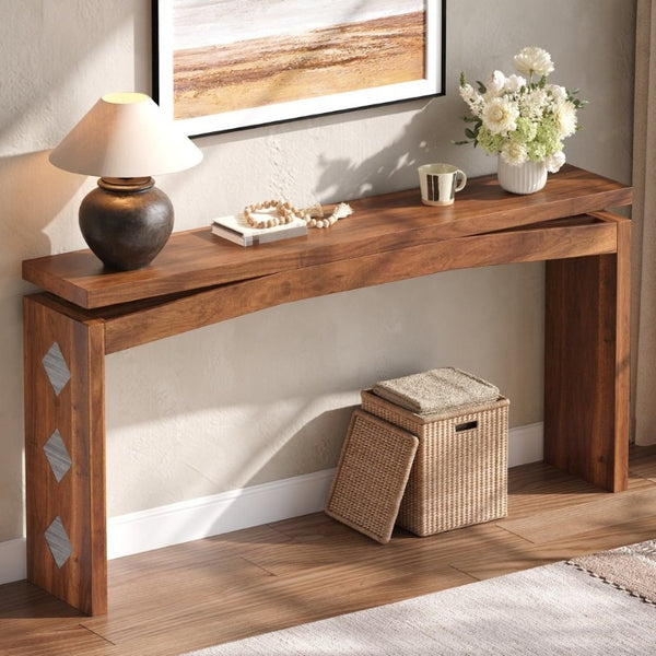 English Elm Wooden Brazilian Walnut Console Table with Wavy Apron for Entryway Hallway Sofa Back Natural Wood+Brown W5379P501734