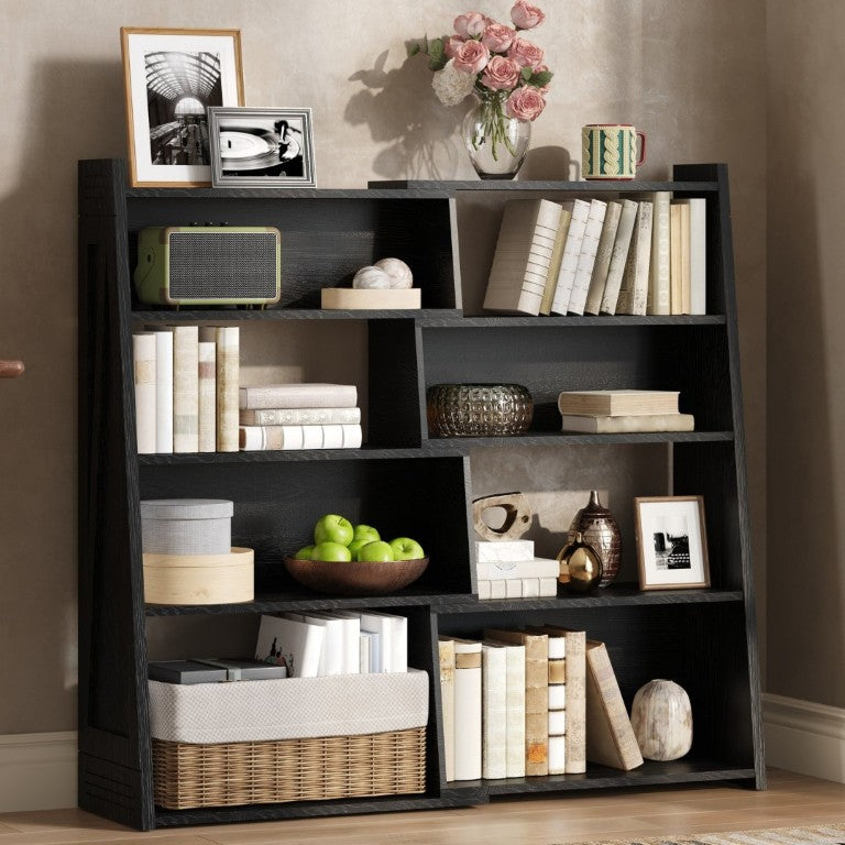 English Elm Wooden Modular Corner Bookcase 4 Tier Staggered Open Shelf Display Unit in Matte Oak W5379P501961