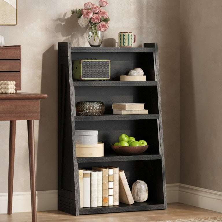 English Elm Wooden Modular Corner Bookcase 4 Tier Staggered Open Shelf Display Unit in Matte Oak W5379P501961