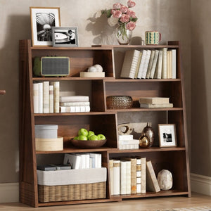 English Elm Wooden Walnut Corner Bookcase Modular L-Shaped Shelving Unit for Living Room Study Natural Wood+Brown W5379P501972
