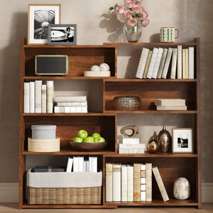 English Elm Wooden Walnut Corner Bookcase Modular L-Shaped Shelving Unit for Living Room Study Natural Wood+Brown W5379P501972