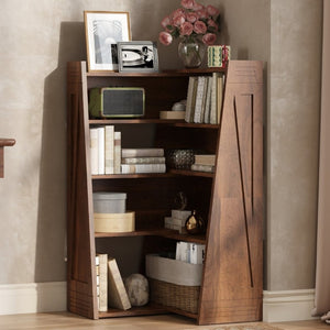 English Elm Wooden Walnut Corner Bookcase Modular L-Shaped Shelving Unit for Living Room Study Natural Wood+Brown W5379P501972
