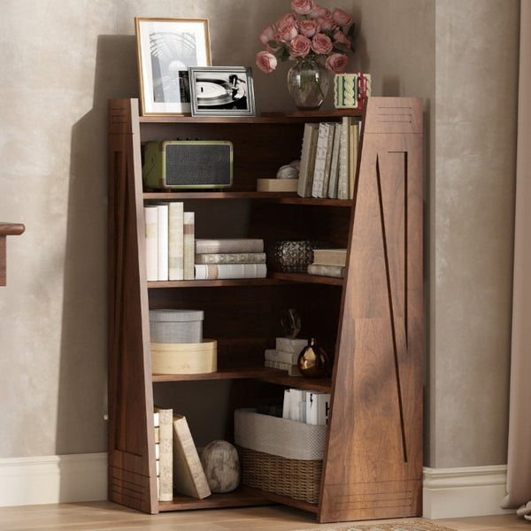 English Elm Wooden Walnut Corner Bookcase Modular L-Shaped Shelving Unit for Living Room Study Natural Wood+Brown W5379P501972