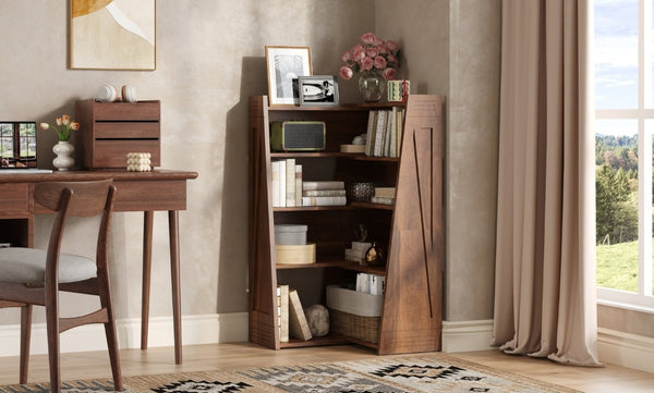 English Elm Wooden Walnut Corner Bookcase Modular L-Shaped Shelving Unit for Living Room Study Natural Wood+Brown W5379P501972