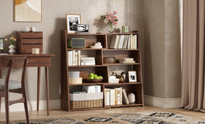 English Elm Wooden Walnut Corner Bookcase Modular L-Shaped Shelving Unit for Living Room Study Natural Wood+Brown W5379P501972