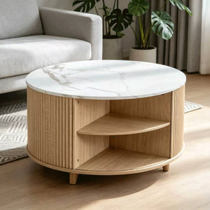 English Elm 32 Inch Round Fluted Storage Coffee Table Marble Grain Top Hidden Compartment Oak Legs W5379P501990