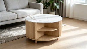 English Elm 32 Inch Round Fluted Storage Coffee Table Marble Grain Top Hidden Compartment Oak Legs W5379P501990