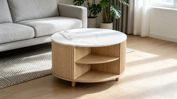 English Elm 32 Inch Round Fluted Storage Coffee Table Marble Grain Top Hidden Compartment Oak Legs W5379P501990