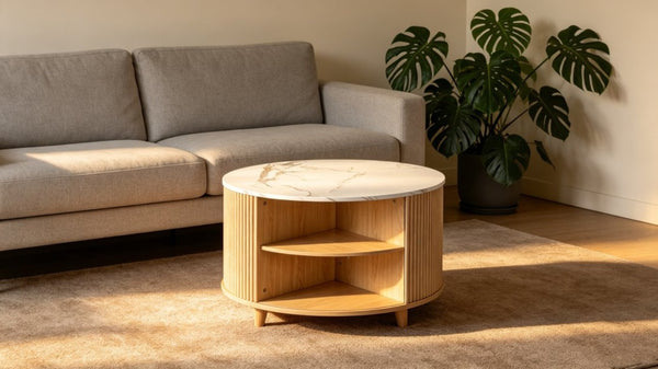 English Elm 32 Inch Round Fluted Storage Coffee Table Marble Grain Top Hidden Compartment Oak Legs W5379P501990
