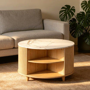 English Elm 32 Inch Round Fluted Storage Coffee Table Marble Grain Top Hidden Compartment Oak Legs W5379P501990