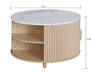 English Elm 32 Inch Round Fluted Storage Coffee Table Marble Grain Top Hidden Compartment Oak Legs W5379P501990