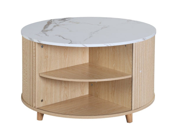 English Elm 32 Inch Round Fluted Storage Coffee Table Marble Grain Top Hidden Compartment Oak Legs W5379P501990