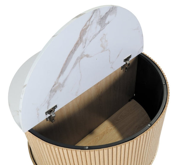 English Elm 32 Inch Round Fluted Storage Coffee Table Marble Grain Top Hidden Compartment Oak Legs W5379P501990