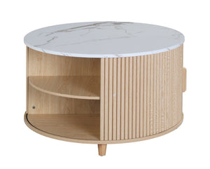 English Elm 32 Inch Round Fluted Storage Coffee Table Marble Grain Top Hidden Compartment Oak Legs W5379P501990