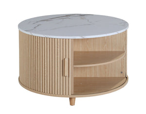 English Elm 32 Inch Round Fluted Storage Coffee Table Marble Grain Top Hidden Compartment Oak Legs W5379P501990