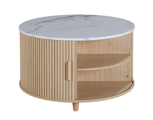English Elm 32 Inch Round Fluted Storage Coffee Table Marble Grain Top Hidden Compartment Oak Legs W5379P501990