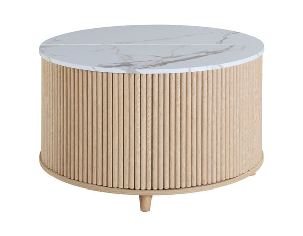 English Elm 32 Inch Round Fluted Storage Coffee Table Marble Grain Top Hidden Compartment Oak Legs W5379P501990