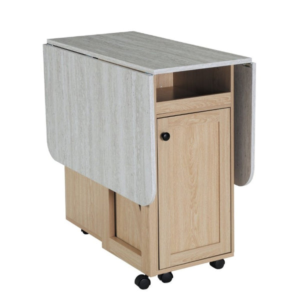 English Elm Foldable Drop Leaf Kitchen Cart with Travertine Top Oak Cabinet and Wine Storage Light Oak / Slate W5379P501999