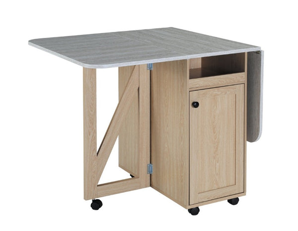 English Elm Foldable Drop Leaf Kitchen Cart with Travertine Top Oak Cabinet and Wine Storage Light Oak / Slate W5379P501999