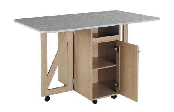 English Elm Foldable Drop Leaf Kitchen Cart with Travertine Top Oak Cabinet and Wine Storage Light Oak / Slate W5379P501999